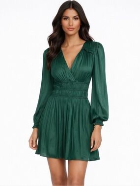 Maje - Smocked Waist V-Neck Long Sleeve Satin Mini Dress - Green